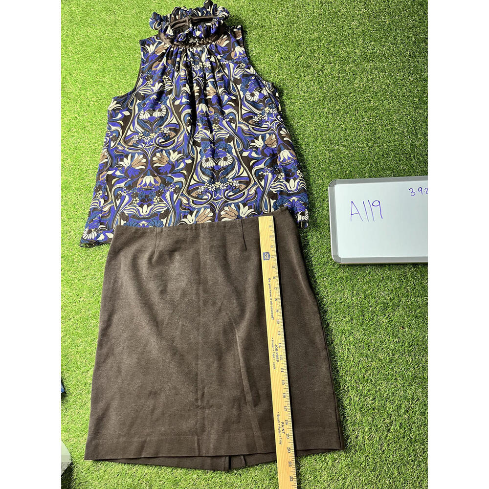 Karen Kane Top Y2k Brown Silk Contrast Sleeveless Brown Skirt Set L